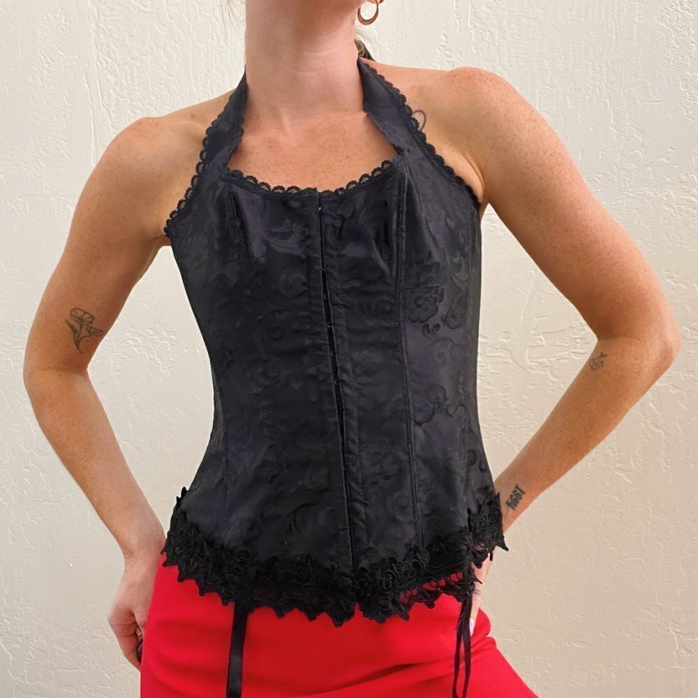 Fredericks of Hollywood Black Lace Up Lace Jacquard Halter Corset Top